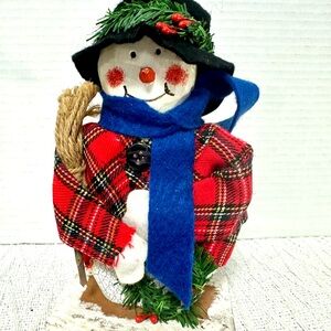 Vintage Festive Snowman Figurine with Red Plaid Coat and Blue Scarf